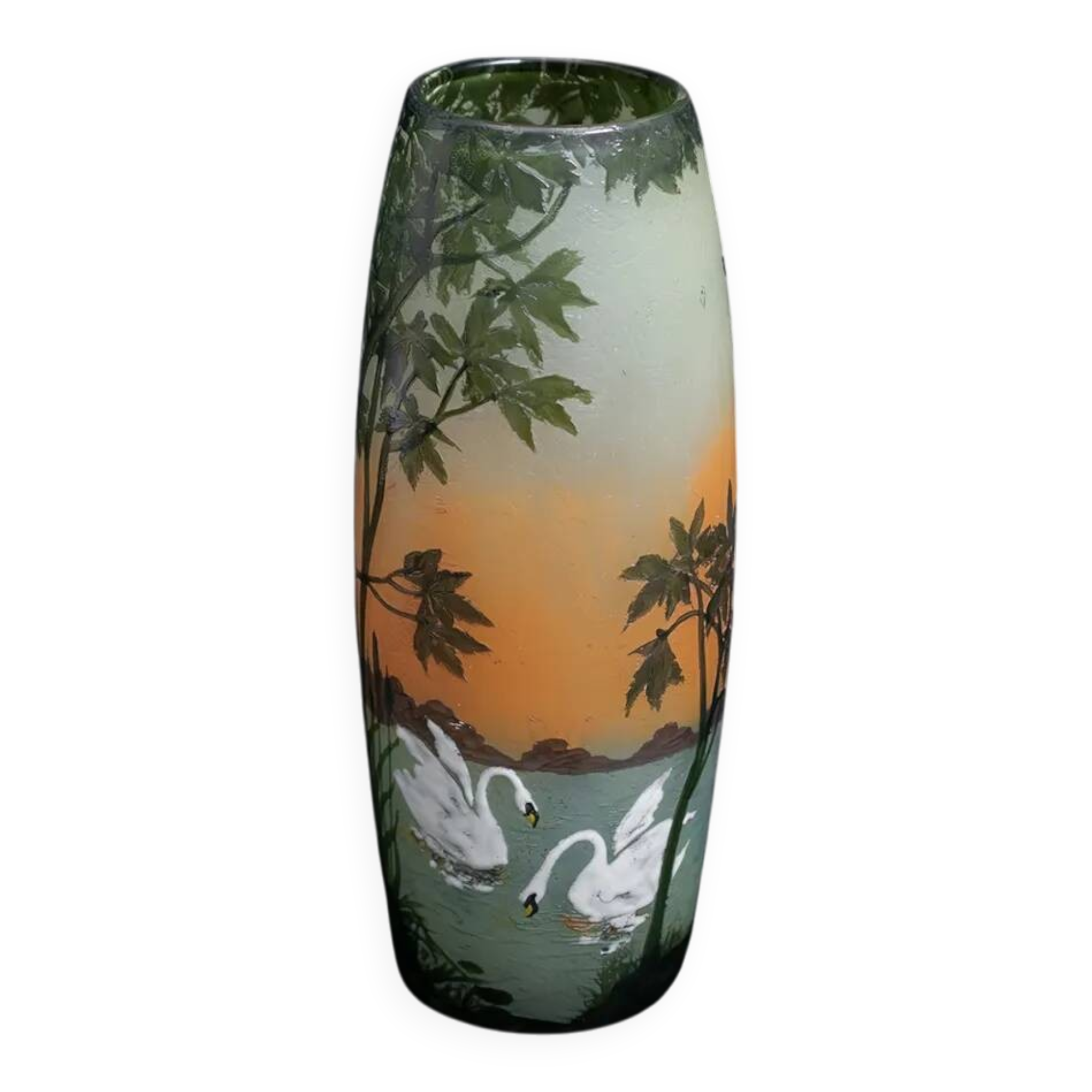 Large Legras Art Nouveau vase in acid-etched glass | Swan Lake