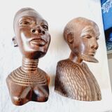 Pair of Busts or Sculptures of African Men and Women in high quality carved wood used