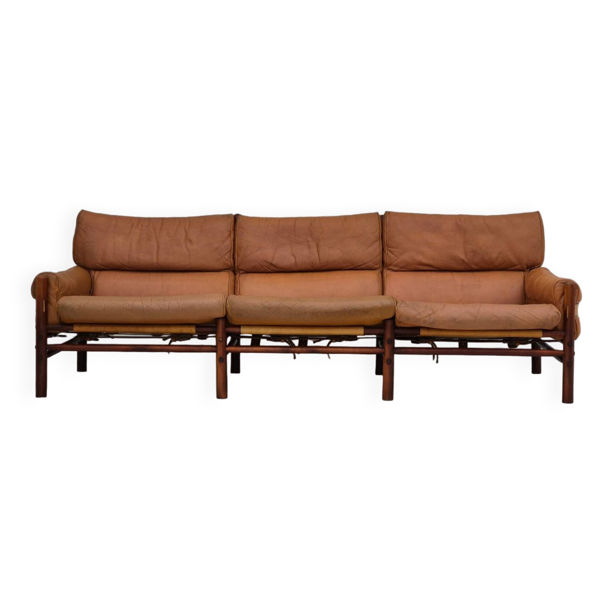 1960s, Scandinavian design by Arne Norell, sofa, model "Kontiki", original condition, leather, beech.