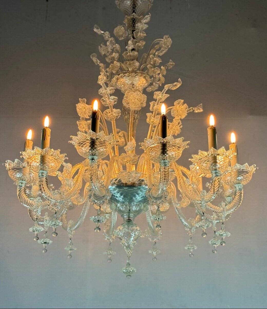 Venetian chandelier in colorless murano glass, 12 light arms, circa 1900