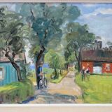 Carin Tham (1888-1967), Scandinavian Modern Landscape, 1942, Oil on Panel, Framed