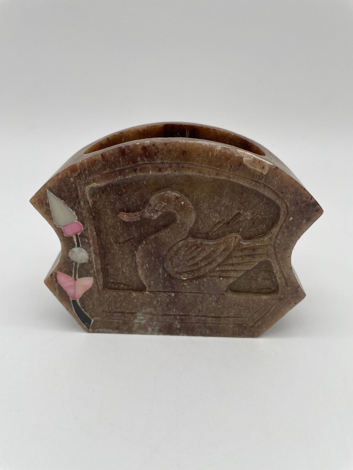 Carved quartz pencil pot and inlaid pearly stones, swans and flowers.