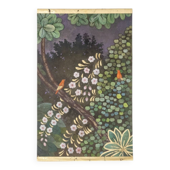 Toile peinte représentant des oiseaux dans un décor champêtre