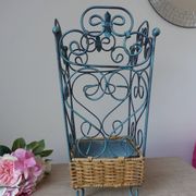 Shabby chic French umbrella stand in metal and woven wicker – storage