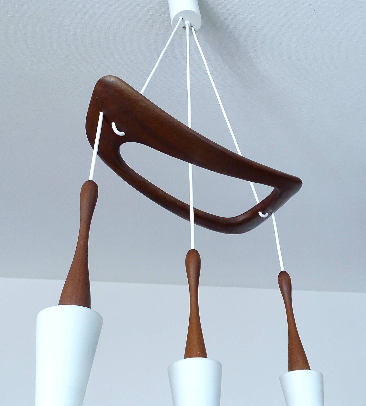 Large Scandinavian Pendant Light, Teak Wood and Glass