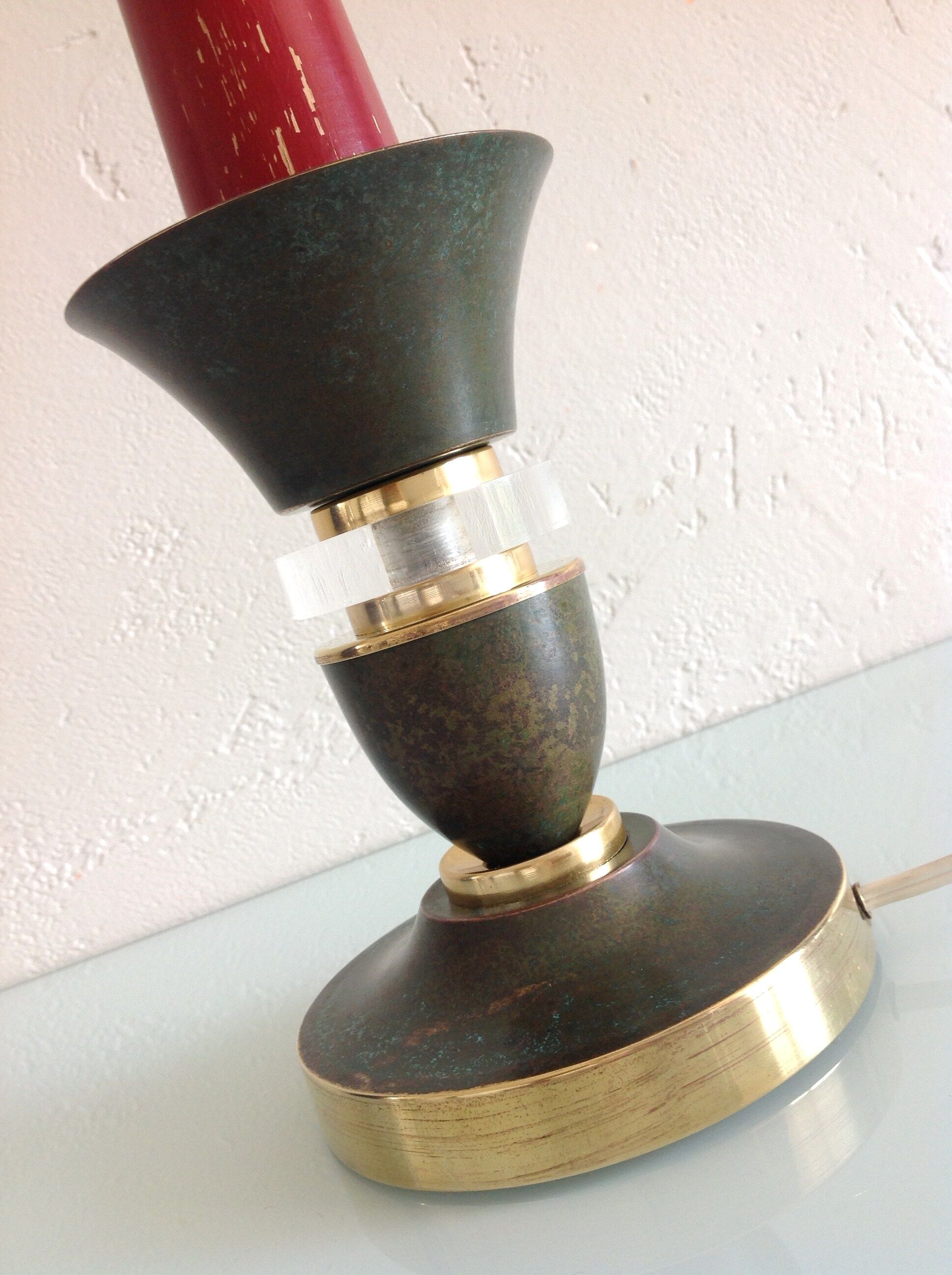 Brass lamp foot and art deco style wood