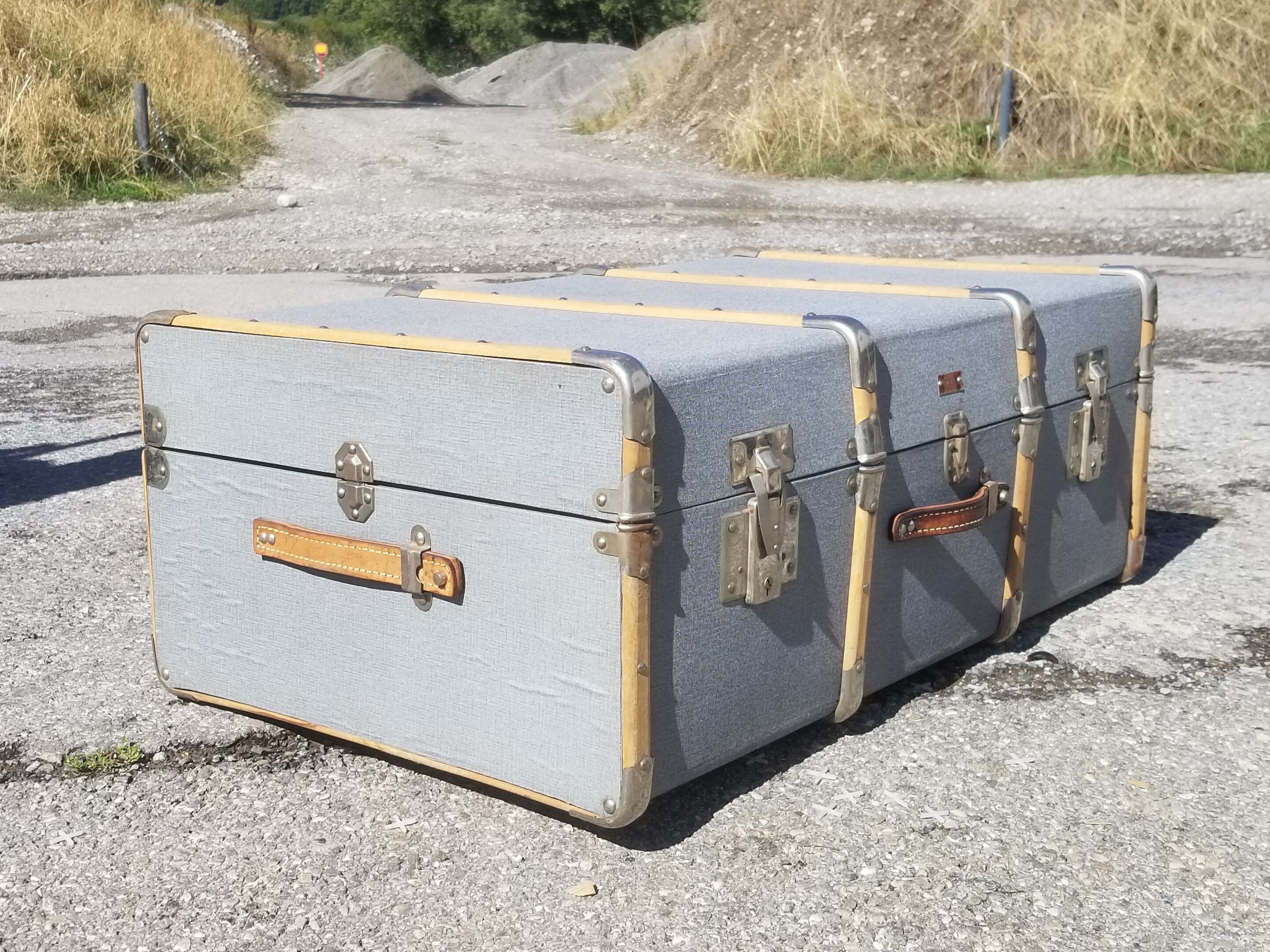 Vintage wooden travel trunk stamped bagage j.m.g.é.