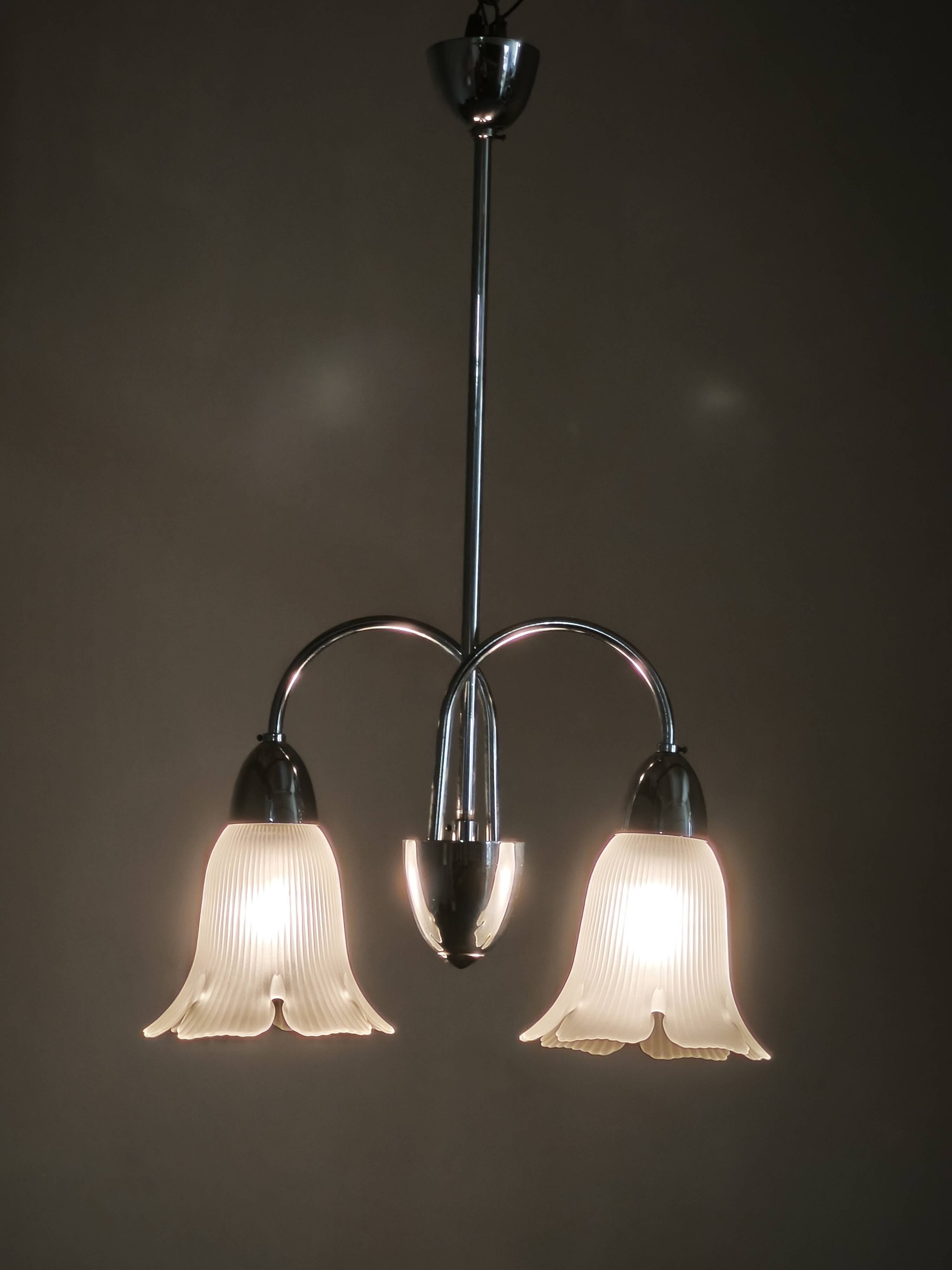 1950s Chrome and Floral Glass Chandelier by Elektroinstala Děčín