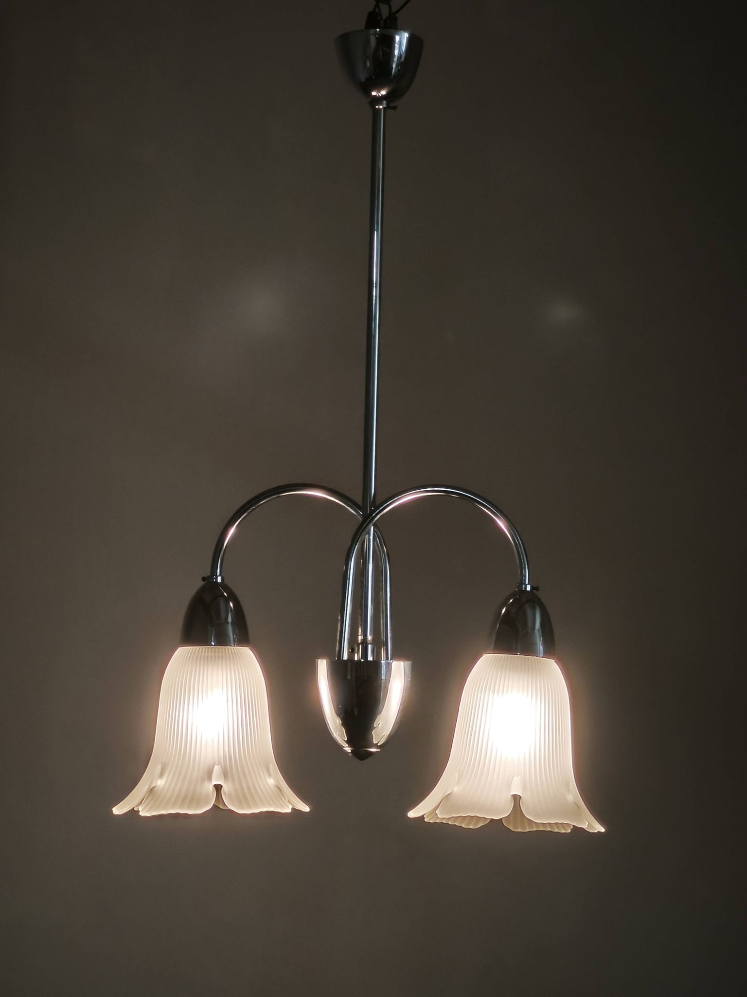 1950s Chrome and Floral Glass Chandelier by Elektroinstala Děčín