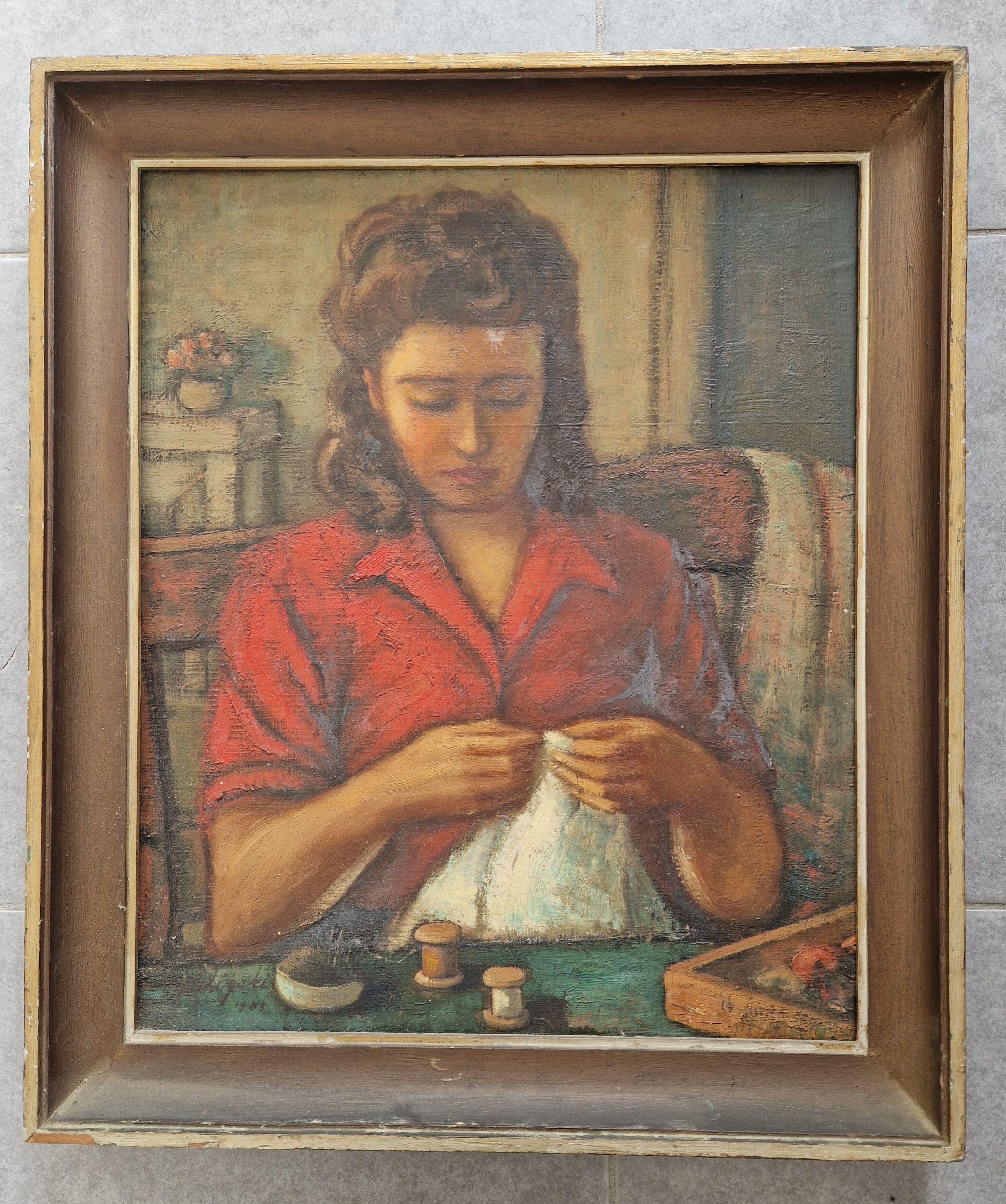 Oil painting, Woman who does sewing