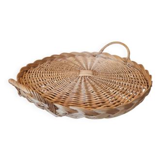 Plateau rond en osier tressé vintage