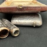 Art nouveau, silver metal smoking objects in case circa 1900