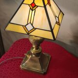 Lampe art deco bronze et laiton h40x30 abat jour style verre tiffany