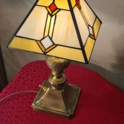 Art deco bronze and brass lamp h40x30 tiffany glass style lampshade