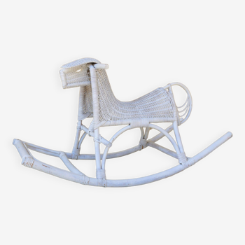 Vintage white rattan rocking horse