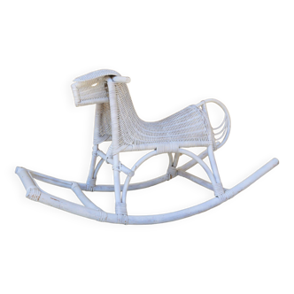 Vintage white rattan rocking horse