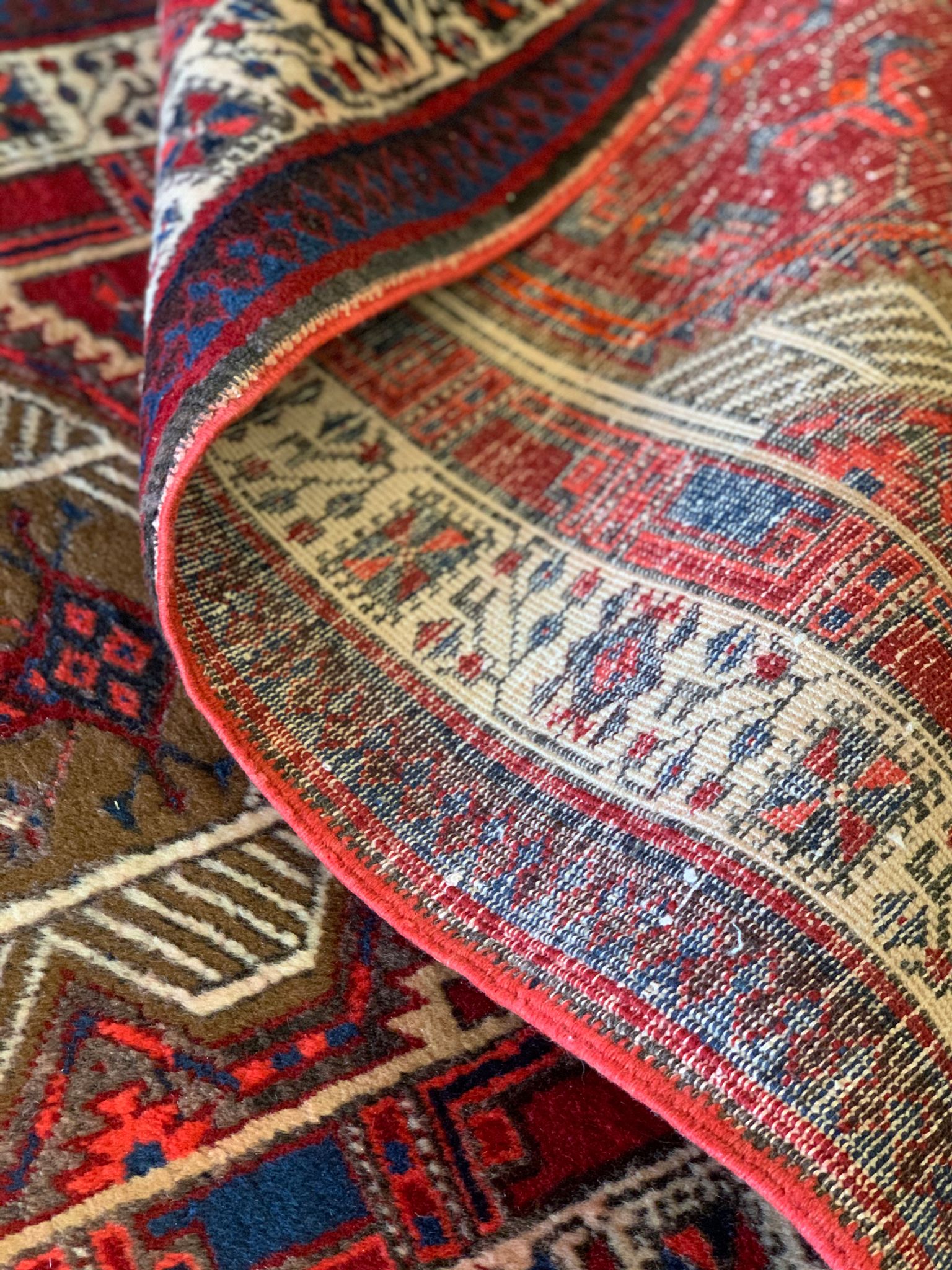Red vintage persian hamedan rug 1930 handwoven tribal runner 99x337cm