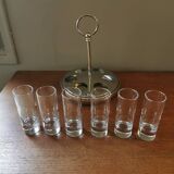 6 shot glasses on vintage metal support
