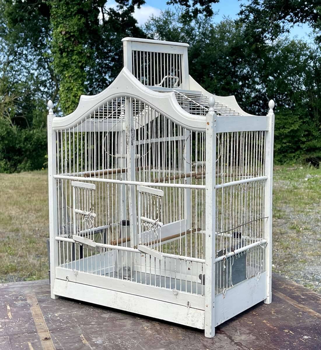 1950s wooden and metal birdcage with period accessories