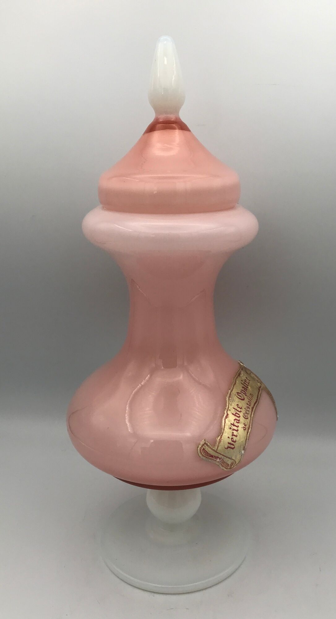 Old bonbonnière in opaline glass pink and white p. schneider 28 cm