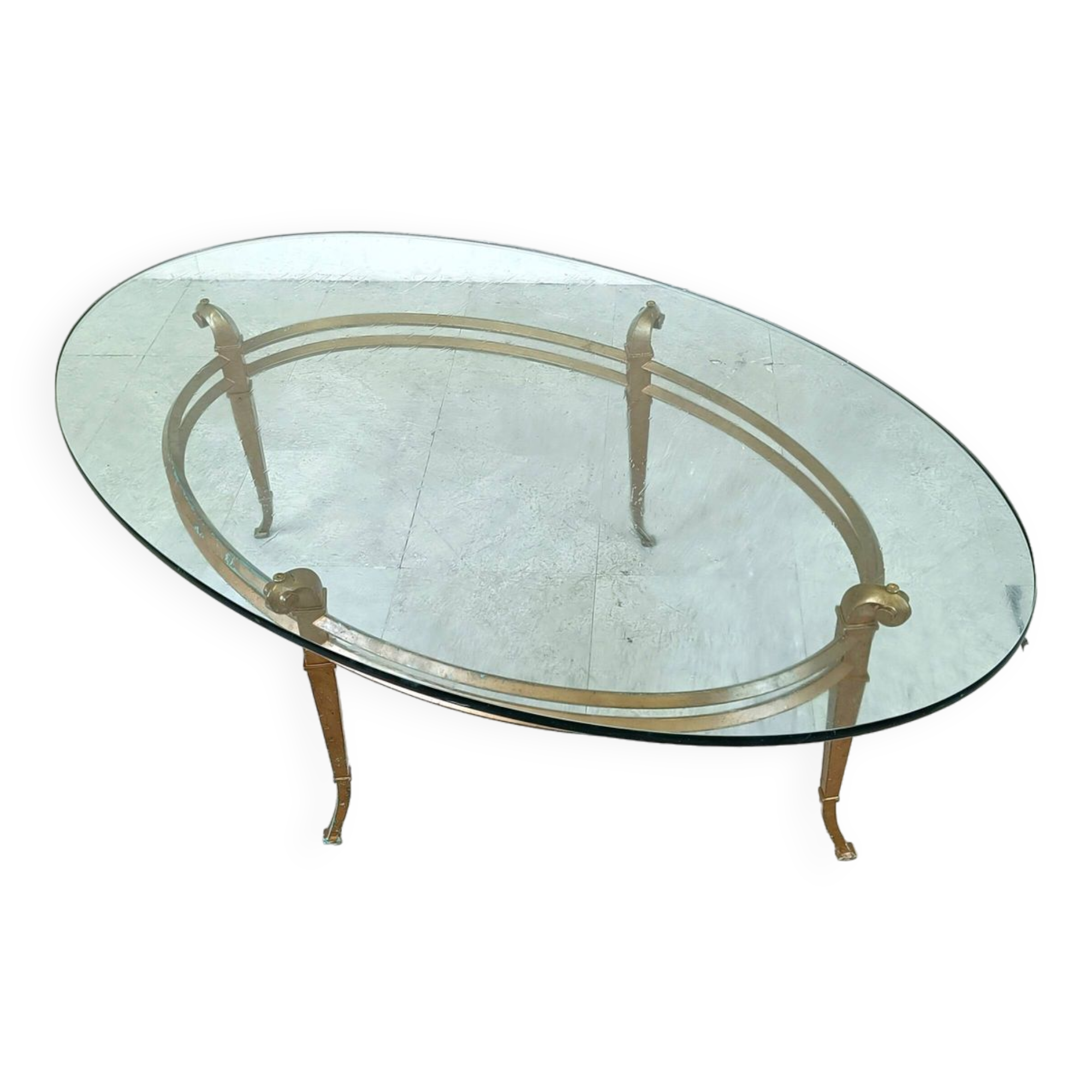 Vintage golden metal and oval glass coffee table, 1970s