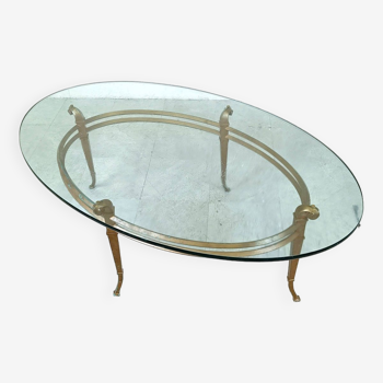 Table basse vintage en métal doré et verre ovale, 1970