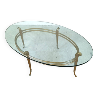 Vintage golden metal and oval glass coffee table, 1970s