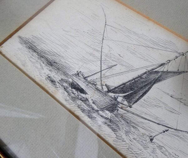 Ancien tableau dessin à l'encre sur papier ''voilier en mer'', signé et encadré