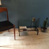 Coffee table in glass  black metal and brass vintage 1950