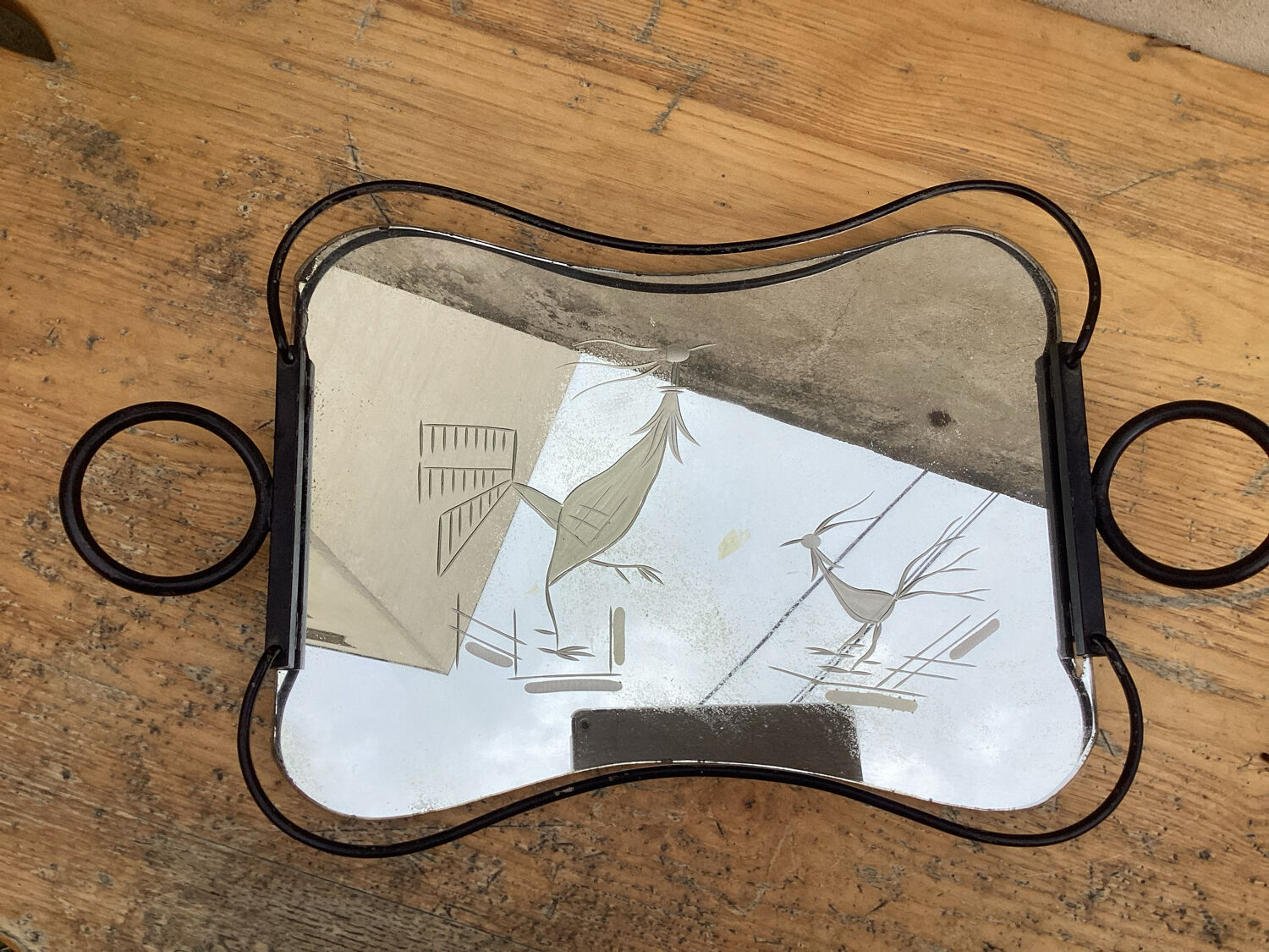 Engraved mirror tray art deco