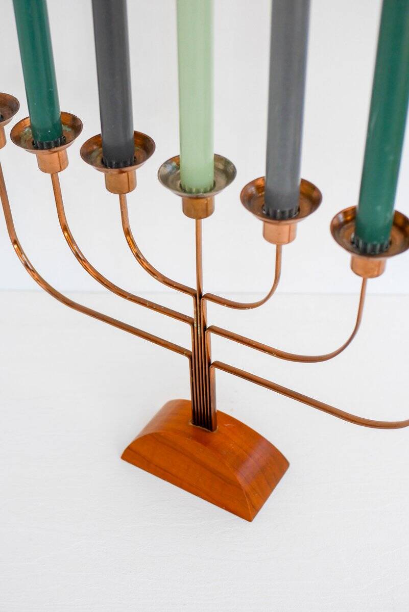 Large vintage brass and elm candelabra, 1940s