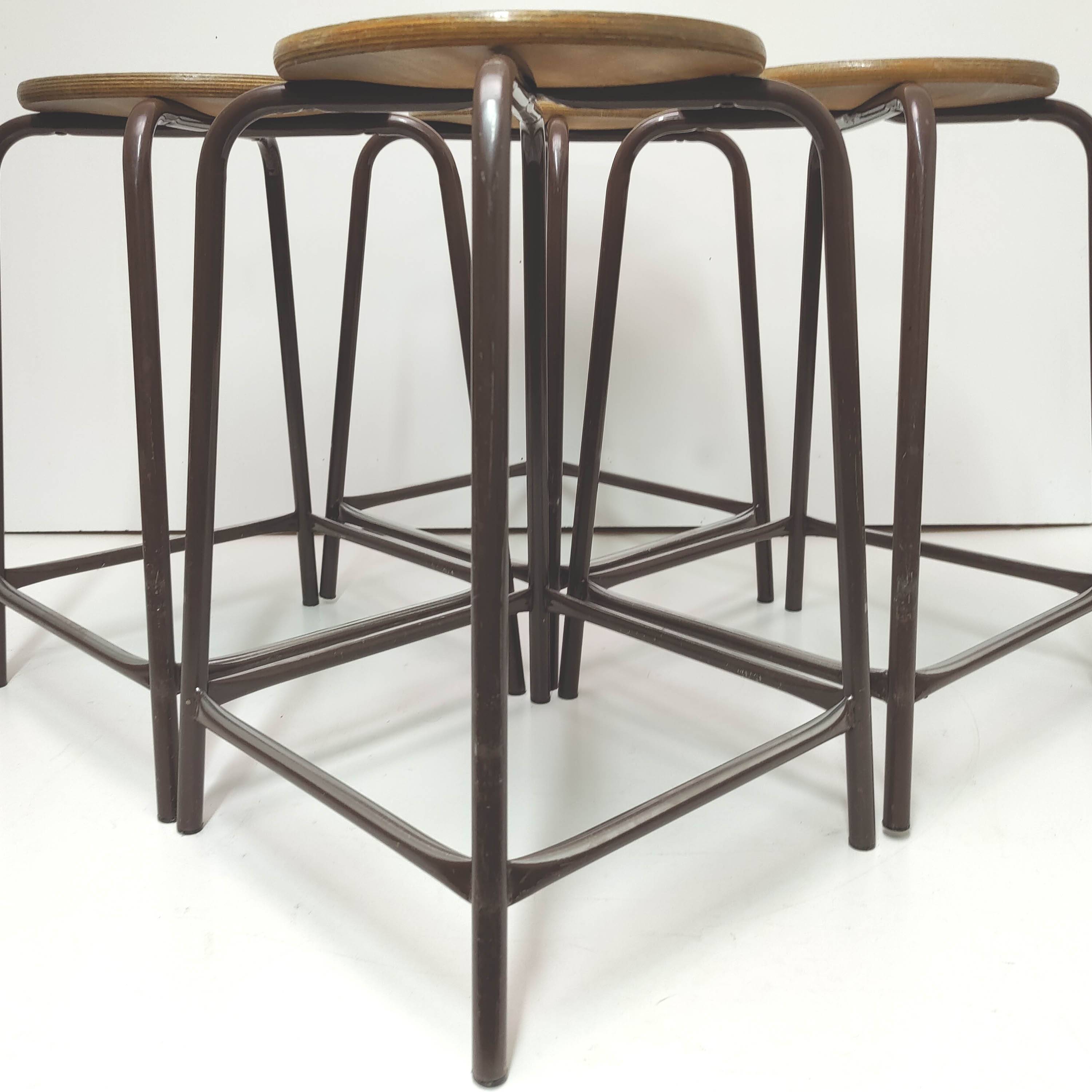 4 vintage metal and wood laboratory stools