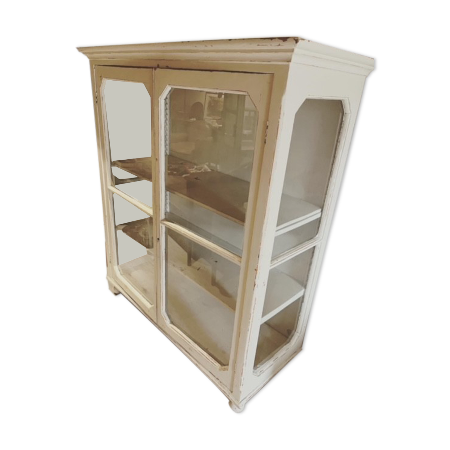 Old showcase on foot in white patina wood 1960