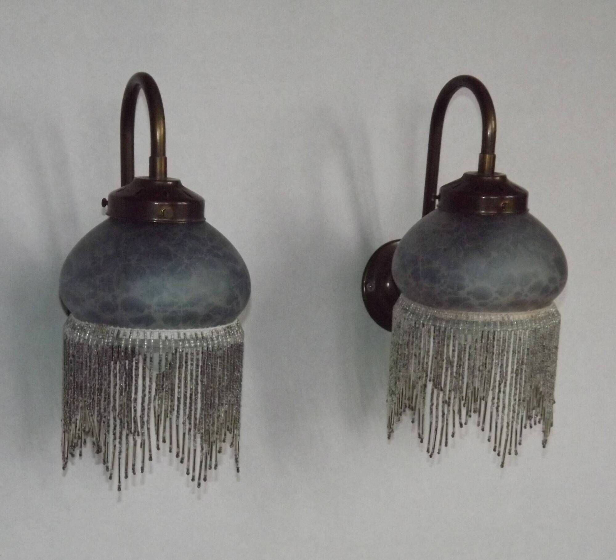 Pair French Vintage Mottled Glass Single Wall Lights Beaded Fringed Shade