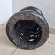 Bamiléké black stool in carved wood with rings – 33 × 35 cm