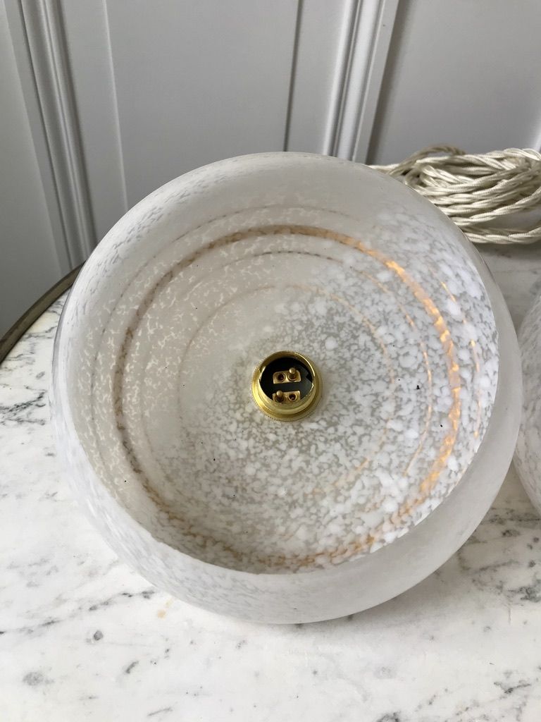 Pair of suspensions in white Clichy glass and golden edging 40s-50s