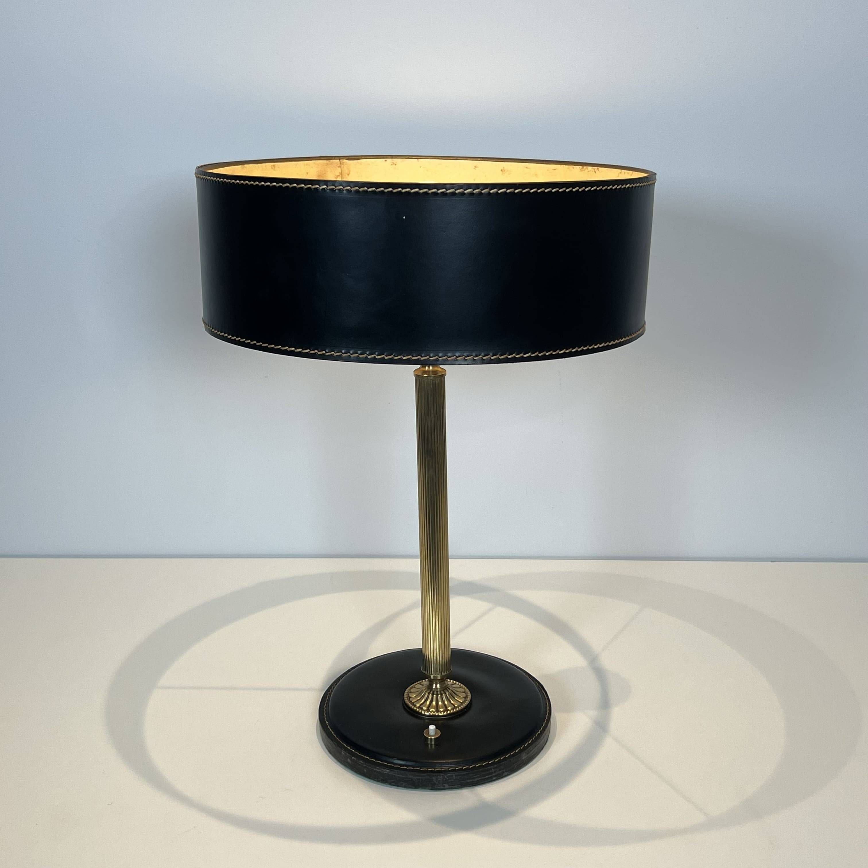 Black Quilted Leather Table Lamp and Golden Brass. French Craftsmanship.