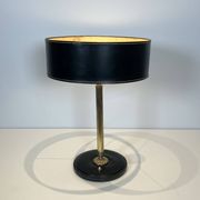 Black Quilted Leather Table Lamp and Golden Brass. French Craftsmanship.