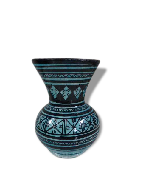 Nice oriental vase, black geometric patterns on blue background, vintage