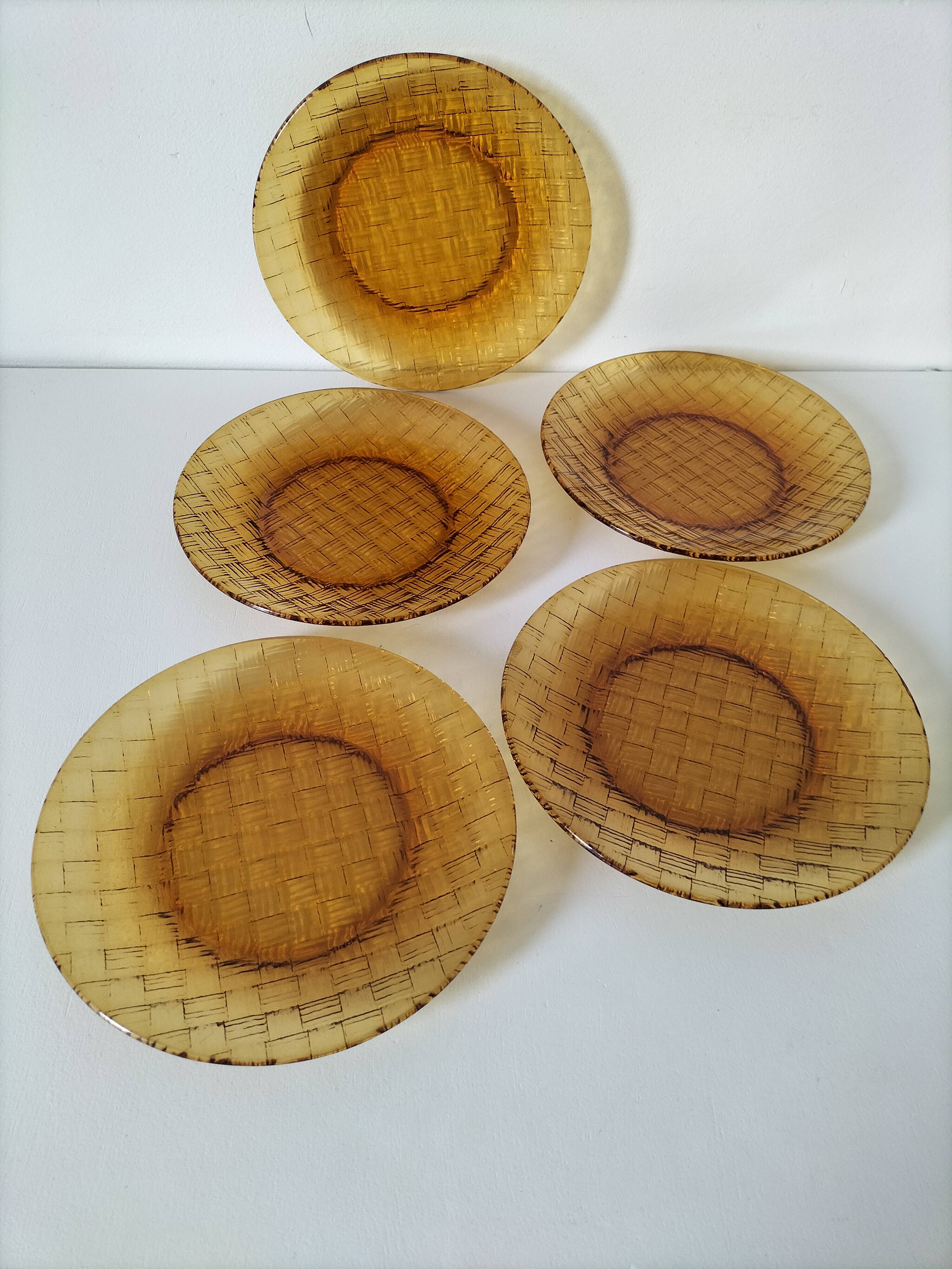 5 vintage pressed glass dessert plates with woven decoration