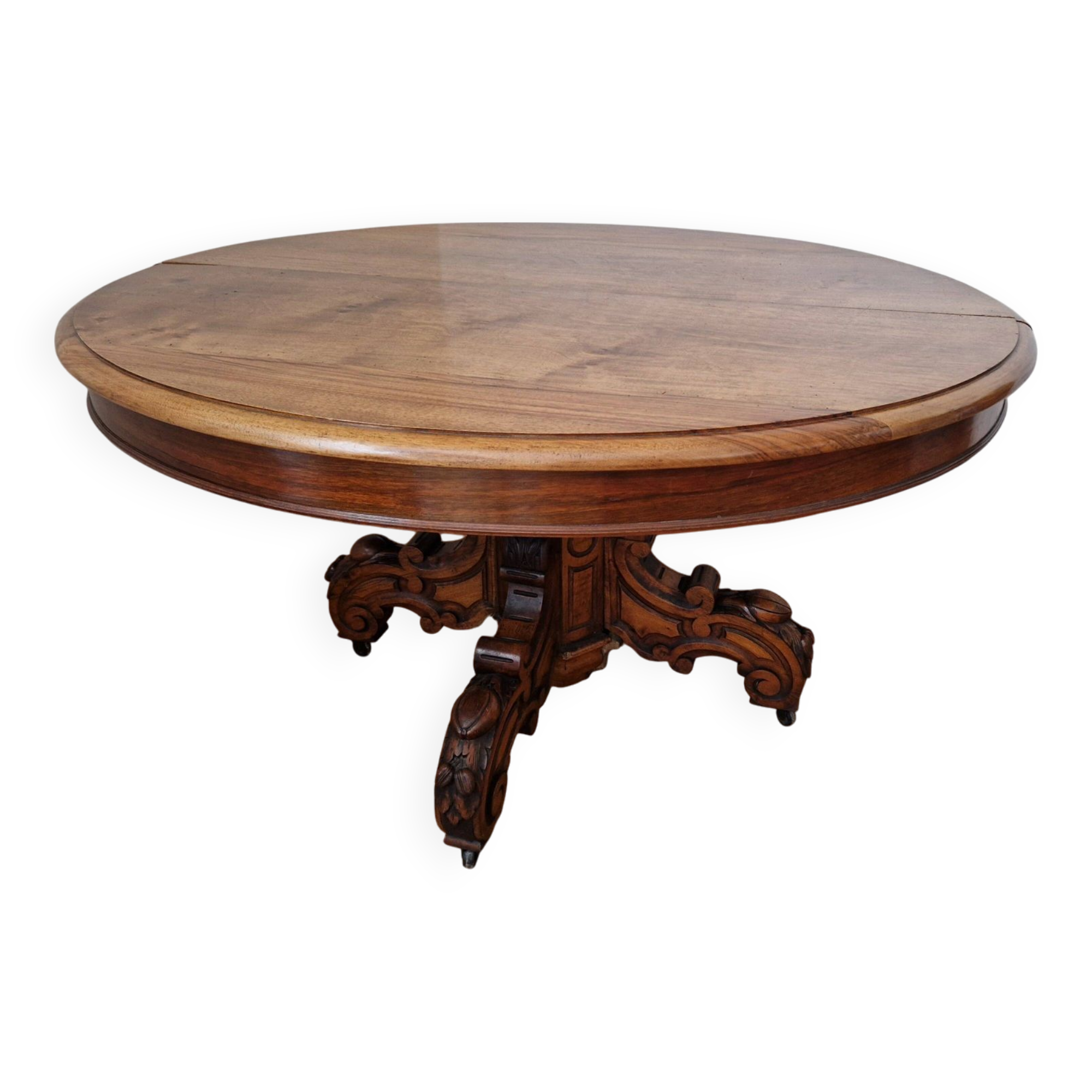 Round walnut table in solid wood, Napoleon III style with extensions - for 14 settings.