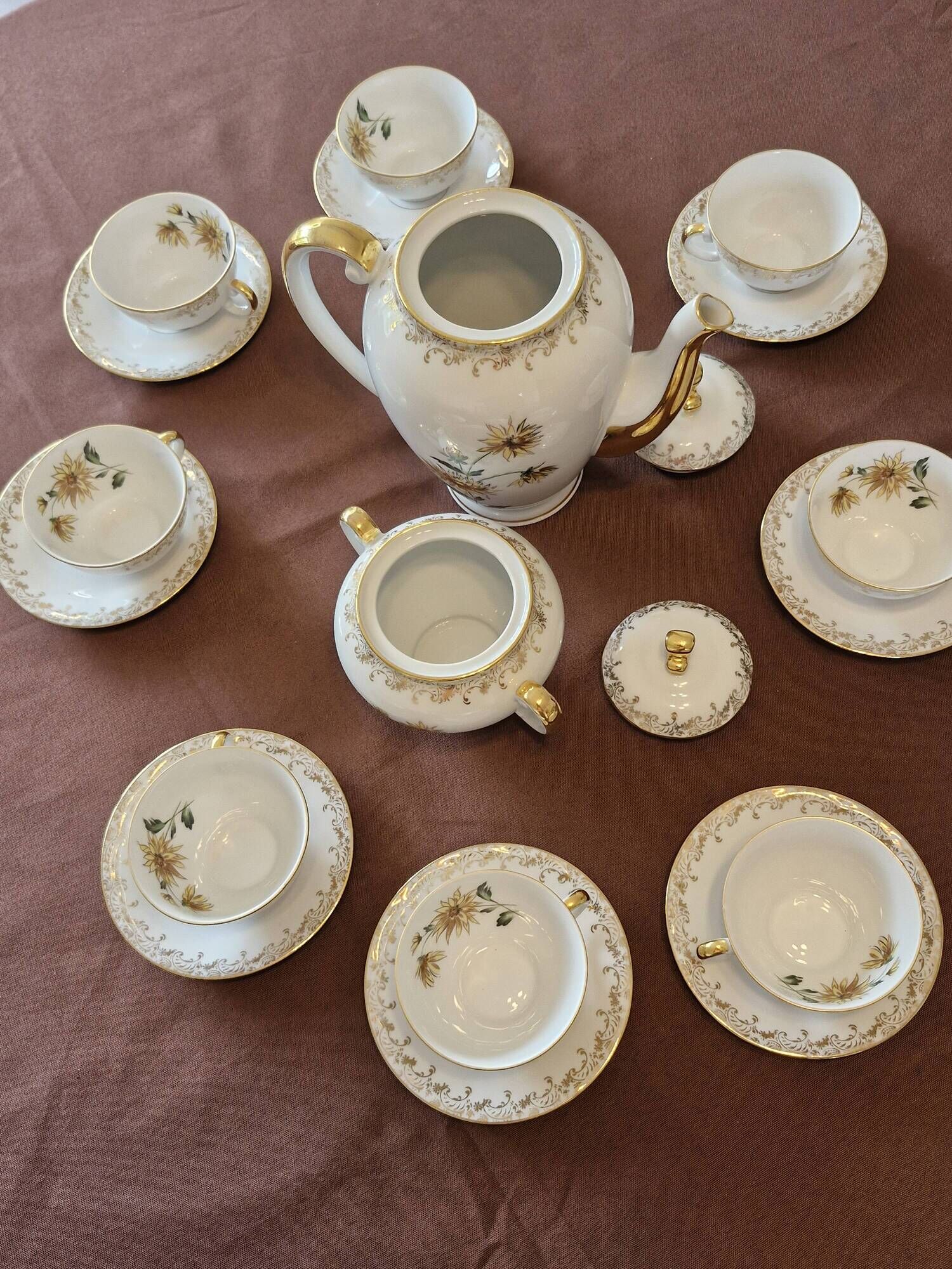 Antique coffee service in longwy porcelain – floral decoration and gilding –