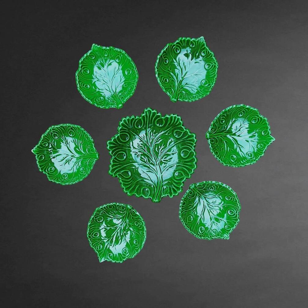 Service à dessert majolique italienne C.A.L Nove – feuilles de vigne vert - 7 pièces - années 60