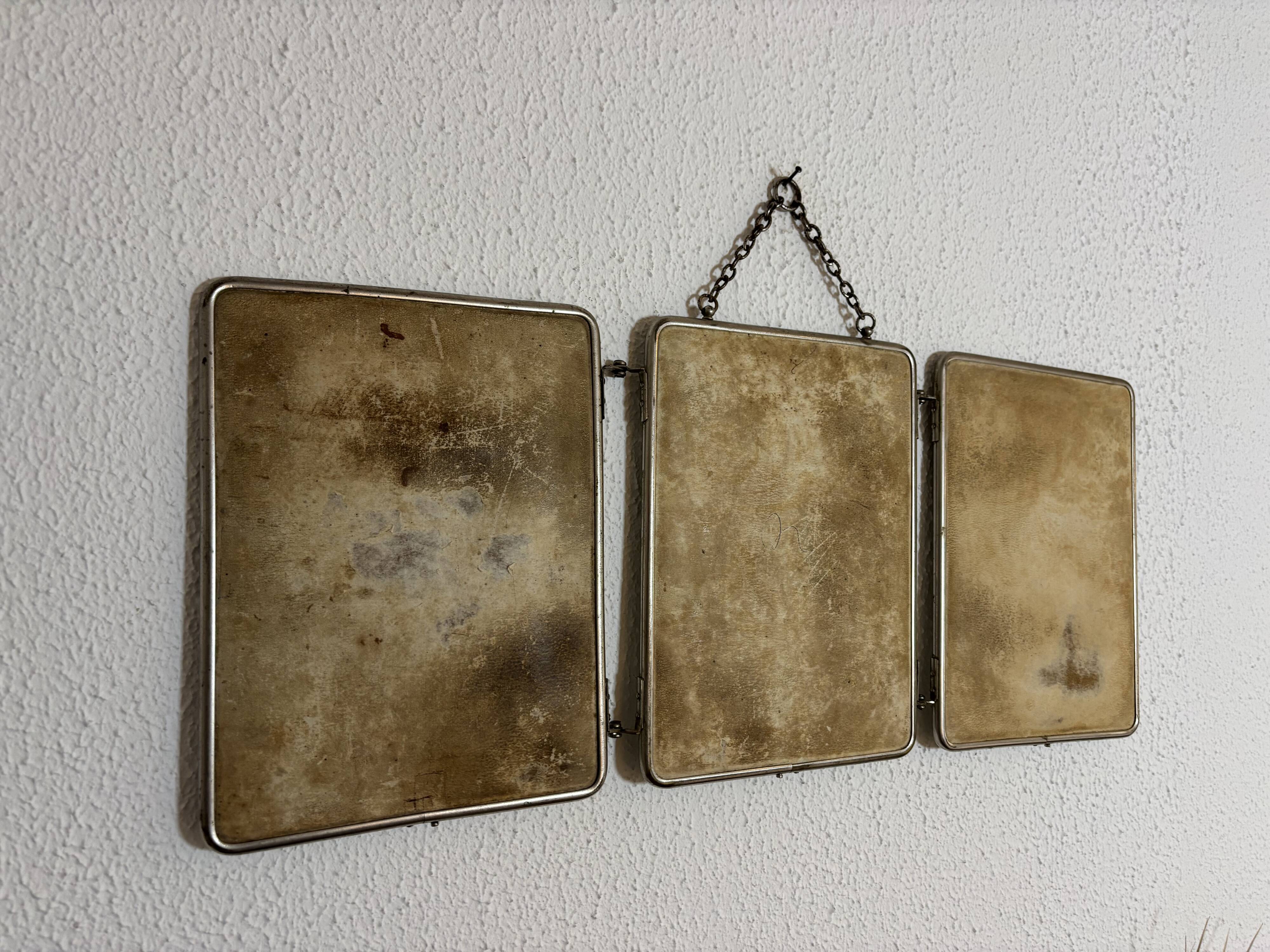 Vintage 1930s triptych barber mirror, beveled black crystal - 25 x 59 cm