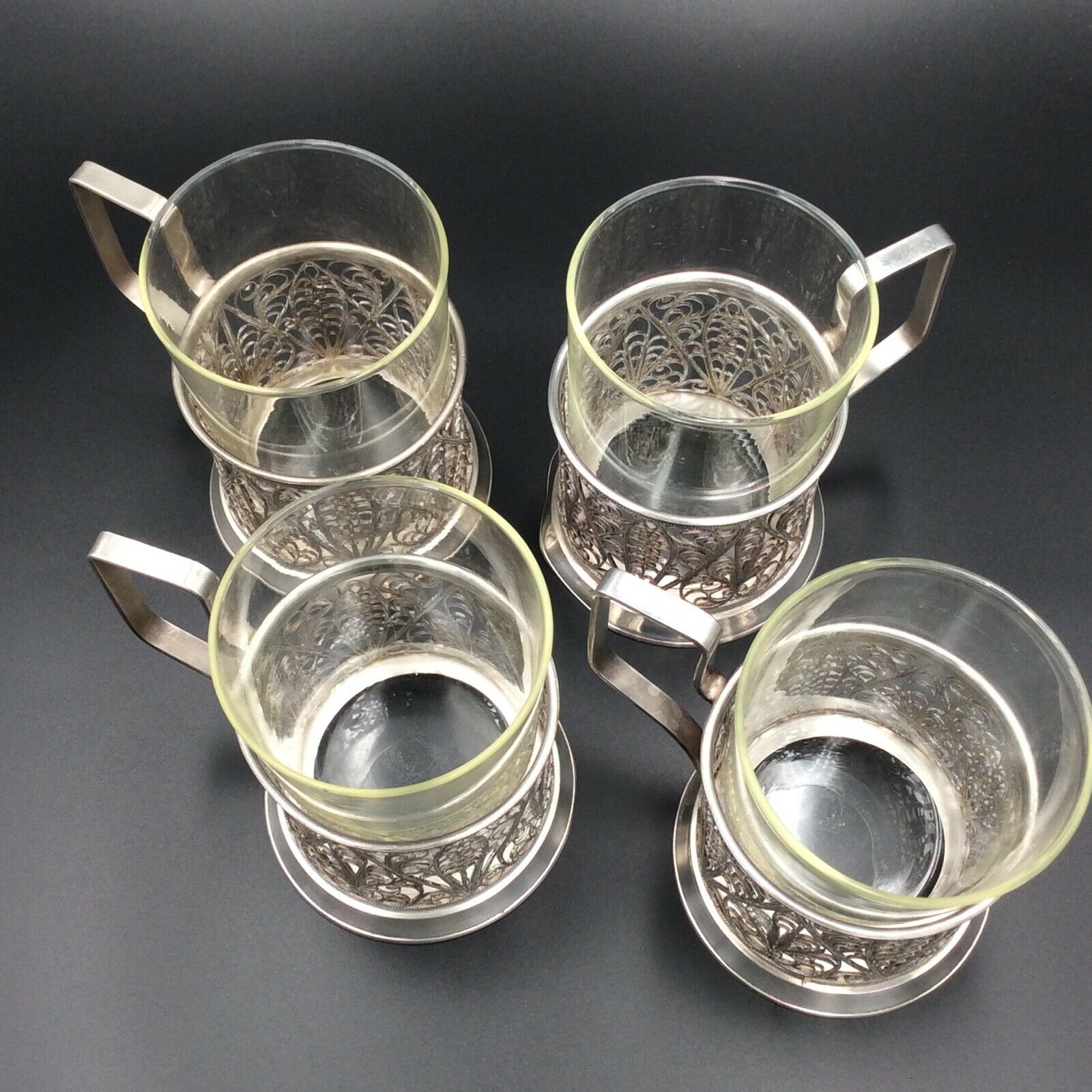 4 russian tea cups silver metal watermarked ussr