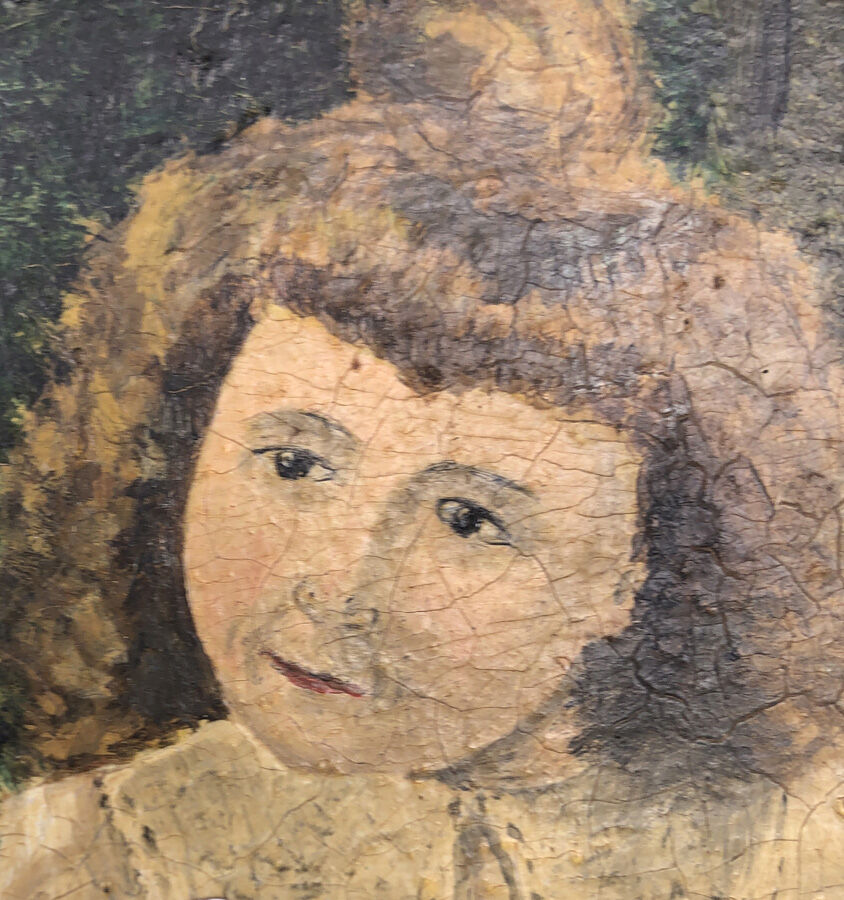 Tableau ancien "La fillette et le chien"