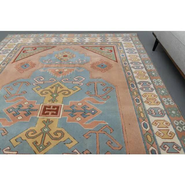 1970s Vintage Turkish Oushak Handmade Wool Cotton Blue Area Rug 220x310