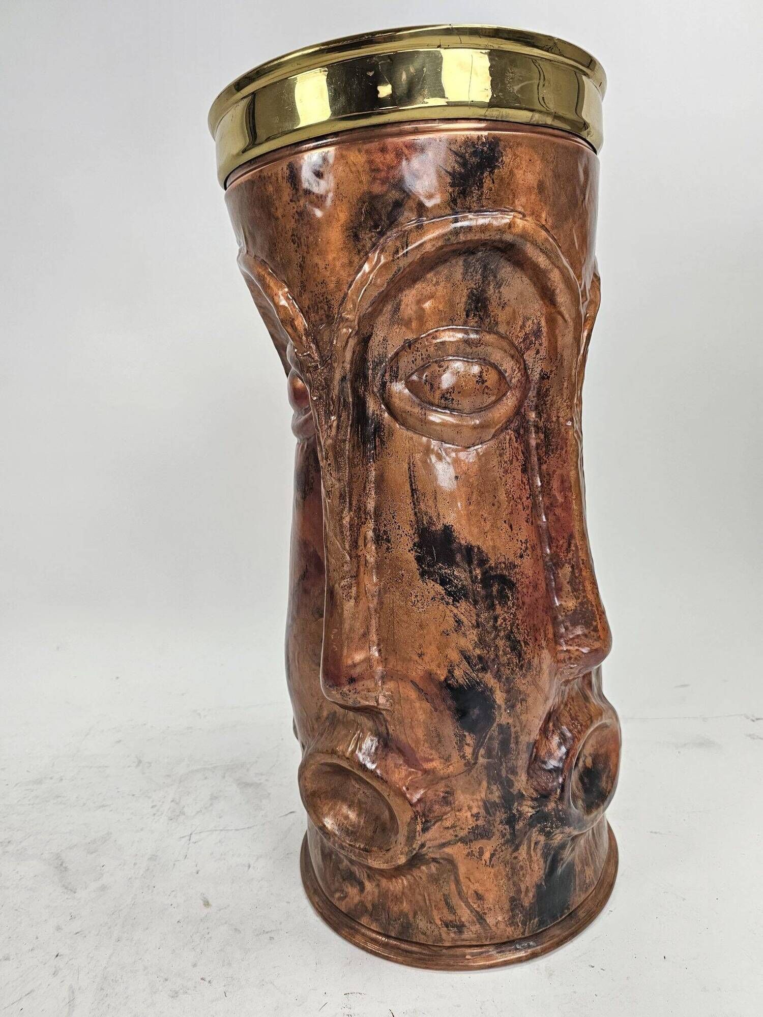 Sculptural copper umbrella stand with tribal faces, 1970s