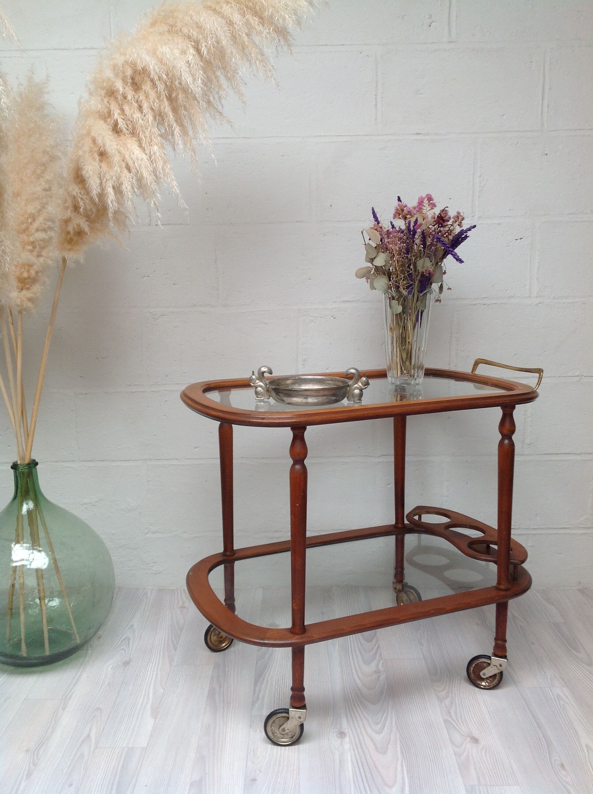 Scandinavian rolling service wood glass and brass