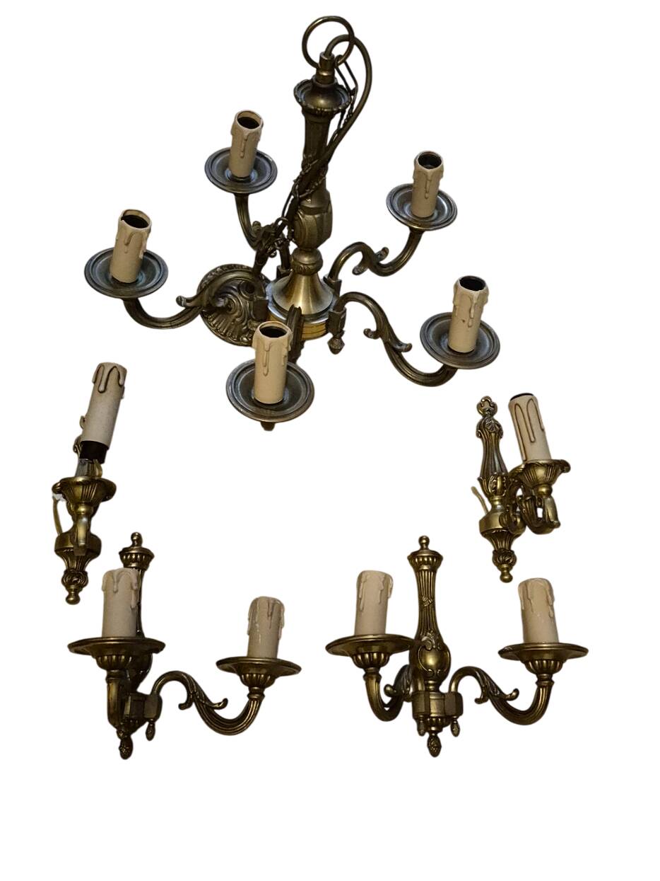 5-arm chandelier + 4 wall sconces MD bronze Louis XV style